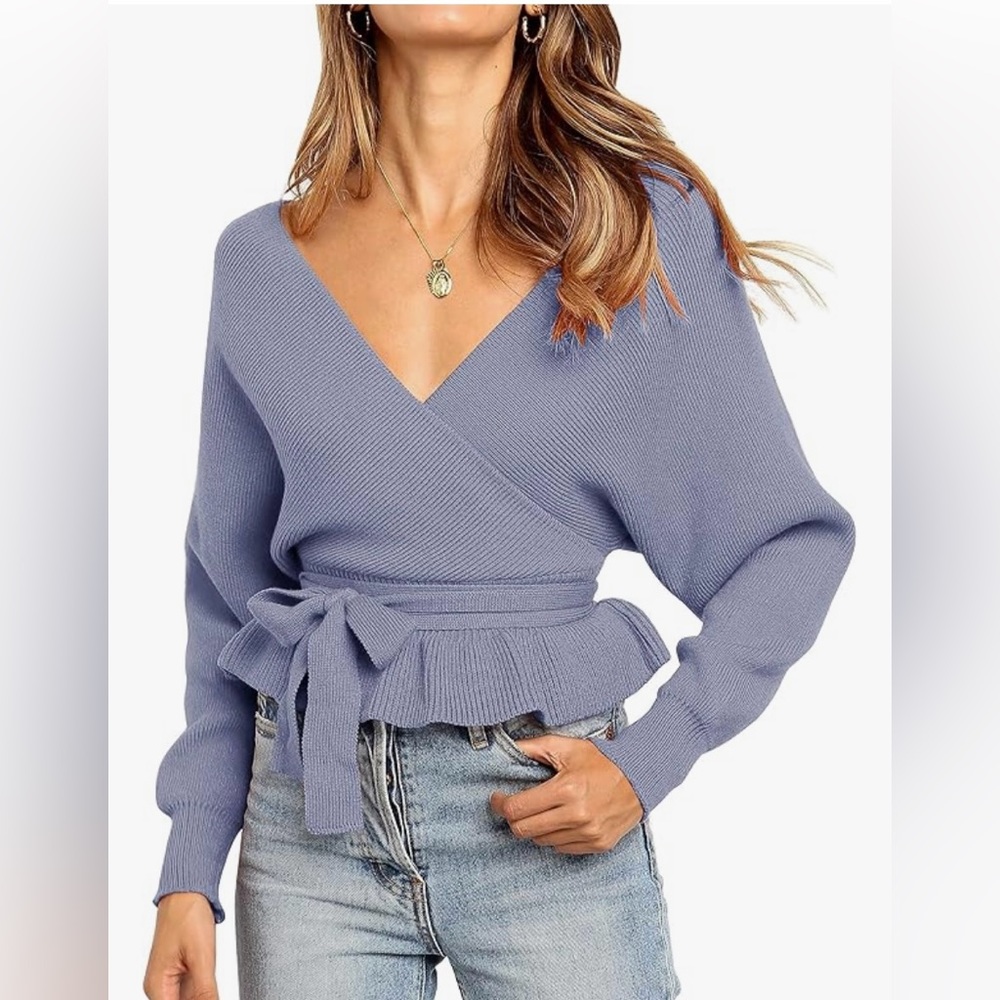 Women’s wrap V-neck long sleeve belted ruffle sweater